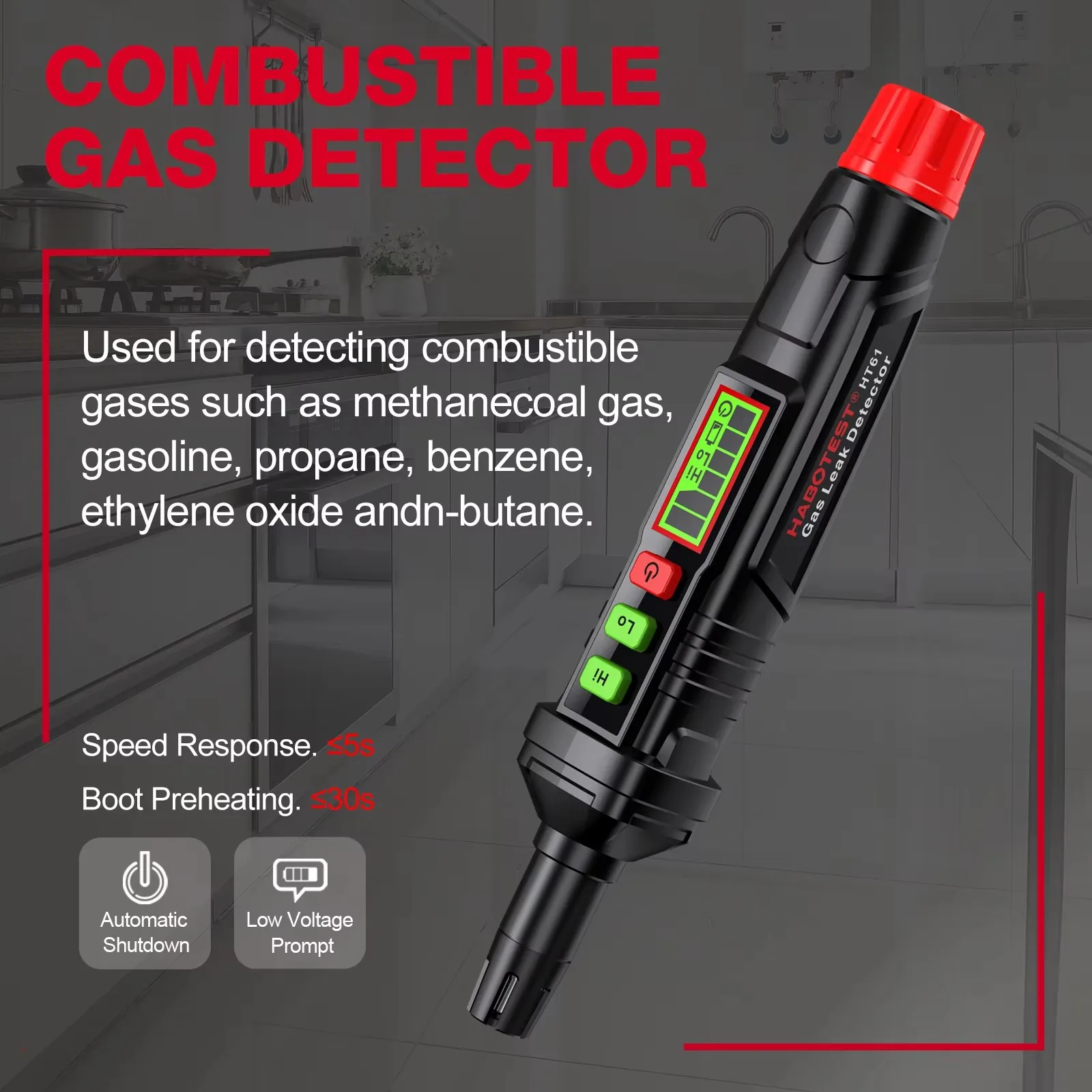 Gas Leak Detector HABOTEST HT61 Combustible Gas Detector Professional Natural Gas Tester Audible & Visual Alarm Combustible Leak Sniffer Meter