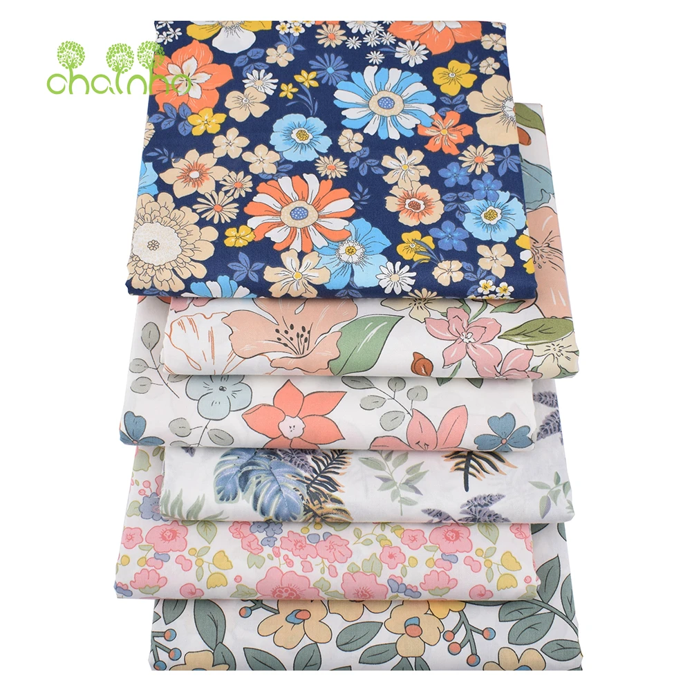 Chainho,Printed Twill Weave Cotton Fabric,DIY Sewing Quilting Material,Patchwork Cloth,6 Designs Floral Series,2 Sizes,15C277