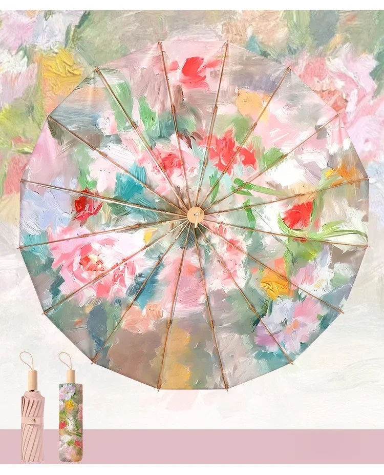 جديد متقدم ضباب وردي 16 لون عظمي غراء مظلة قابلة للطي الشمس المطر الاستخدام المزدوج المرأة المظلة حماية من الشمس وحماية من الأشعة فوق البنفسجية