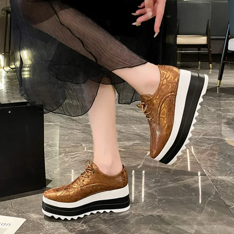 Snake Pattern Chunky Platform Sneakers Women Lace-Up Pu Leather Wedges Shoes Woman Thick Bottom Non-Slip Vulcanized Shoes Ladies 4