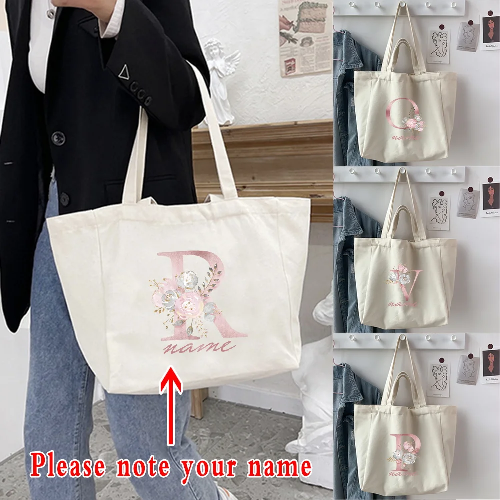 Canvas Female Shoulder Bag Customized Name Pink Letter Books Handbag Large-capacity Eco-friendly Tote for Women Shopping Bag