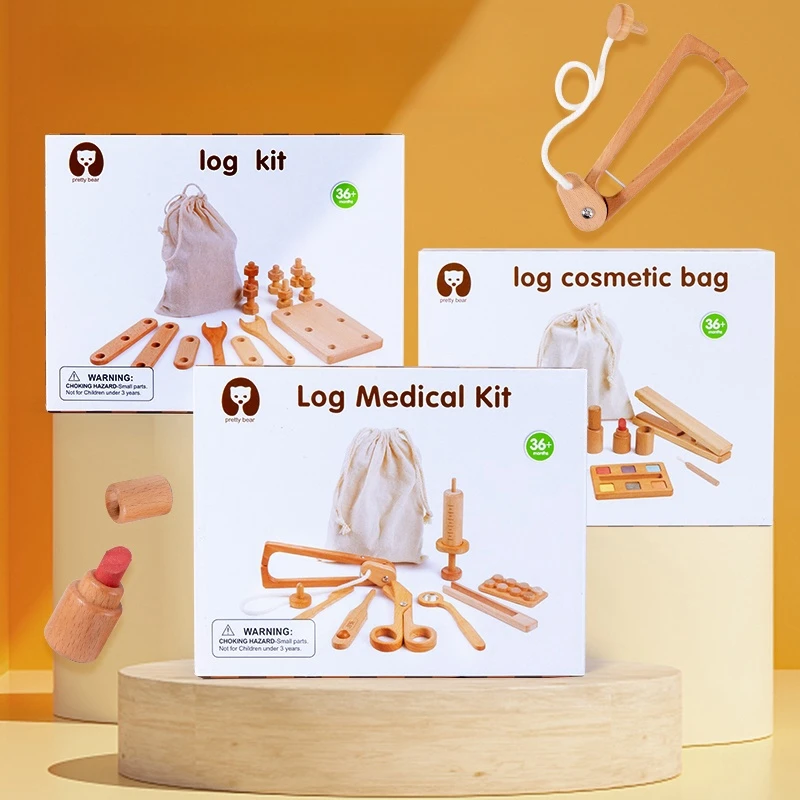 Wooden simulation medical box stethoscope injection cosmetic bag make-up play children's Toy Screw Toolbox