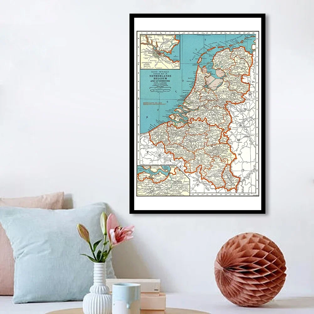 Vintage Belgium and Netherlands Map 60*90cm 1936 Spray Canvas Painting Vintage Wall Art Poster Home Decor School Supplies