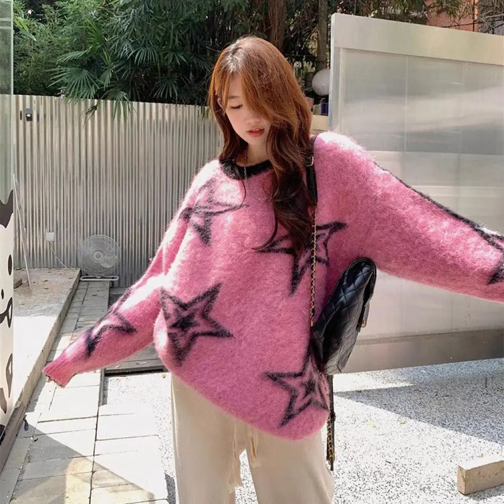 

Loose Sweet Mohair Five Pointed Star Jacquard O-Neck Sweater Soft Glutinous Casual Knitwear Pullover Jumpers 2024 Spring New