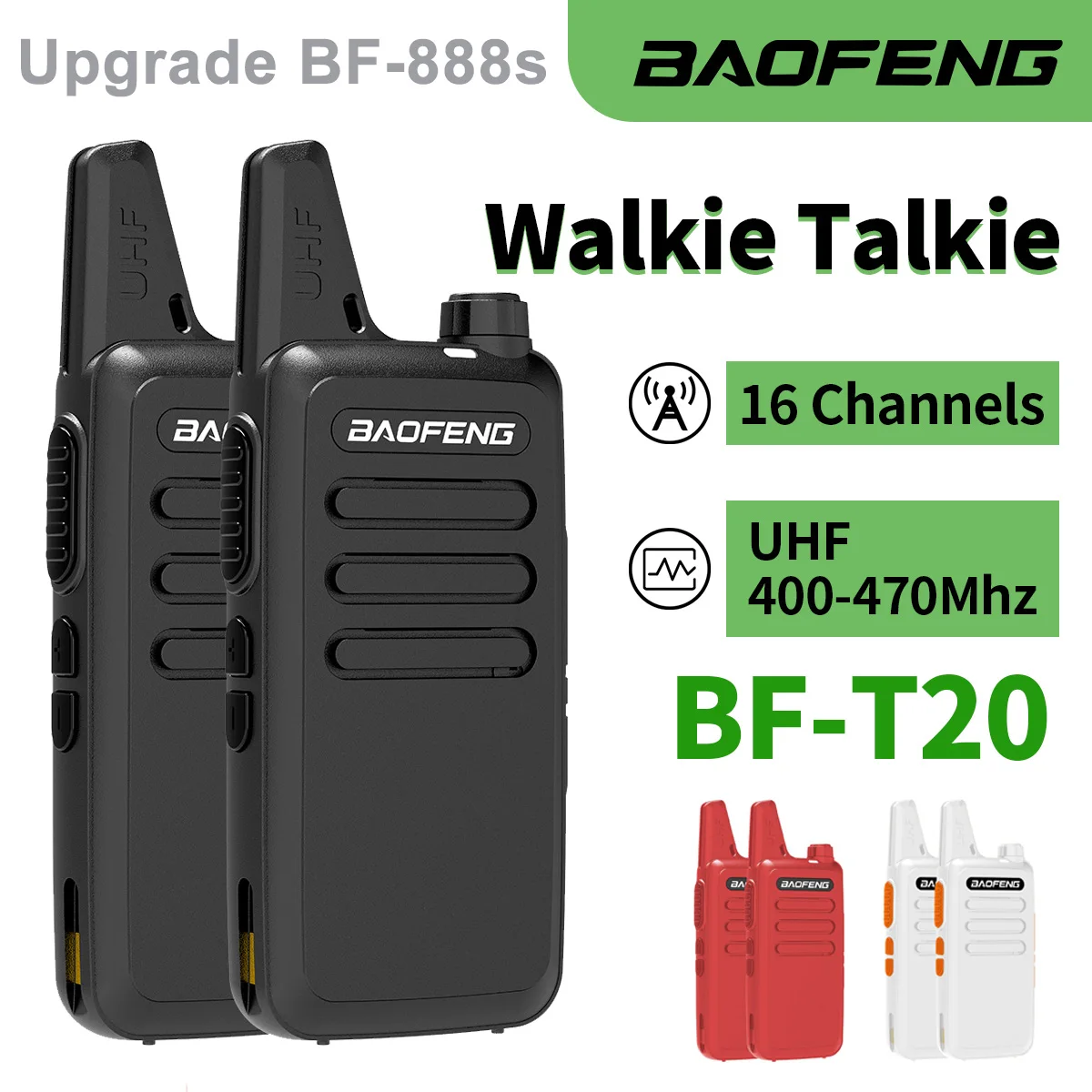 2PCS BAOFENG T20 장거리 미니 워키 토키 Type-C 충전 충전식 경량 16CH UHF 400-470MHz 업그레이드 888s