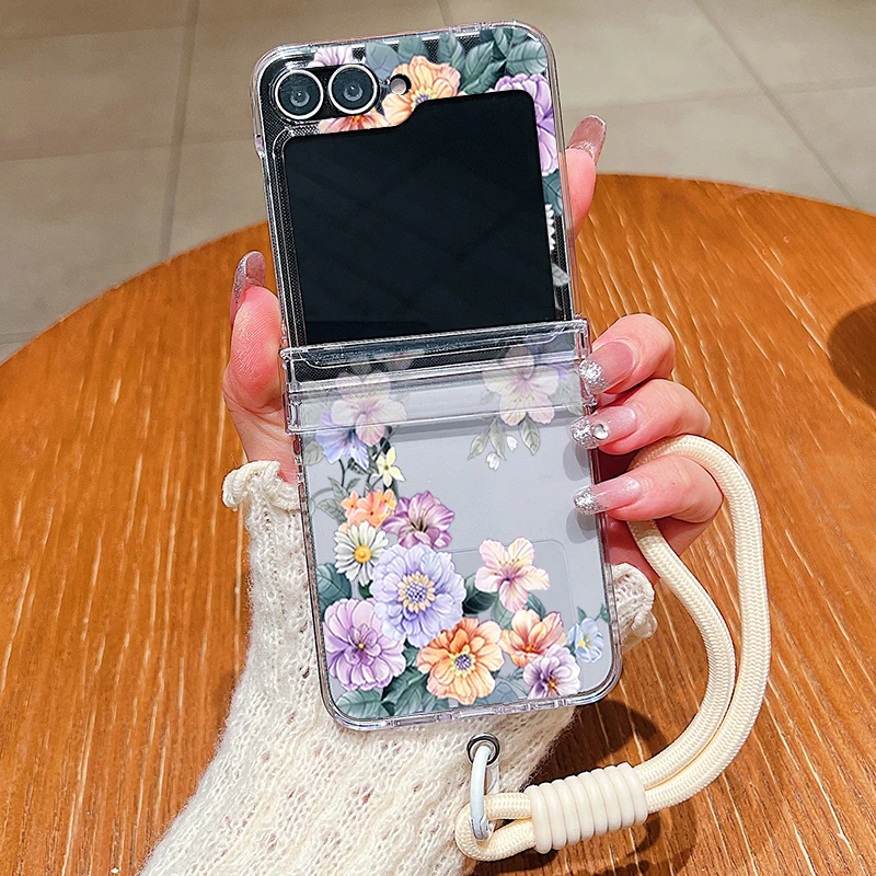Wrist Strap Floral Pattern Phone Case with Lanyard - Clear Cover