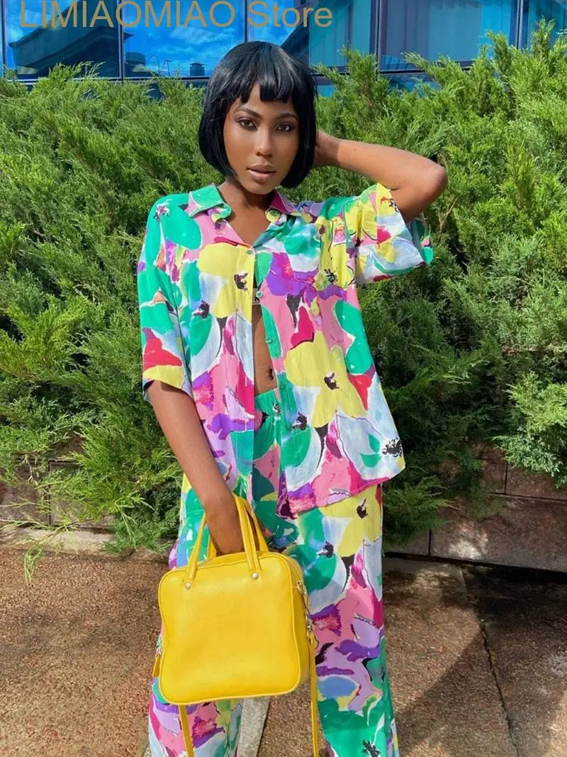 New Printed Two Piece Set For Women Outfits Button Down Short Sleeve Summer Women's 2 Piece Sets