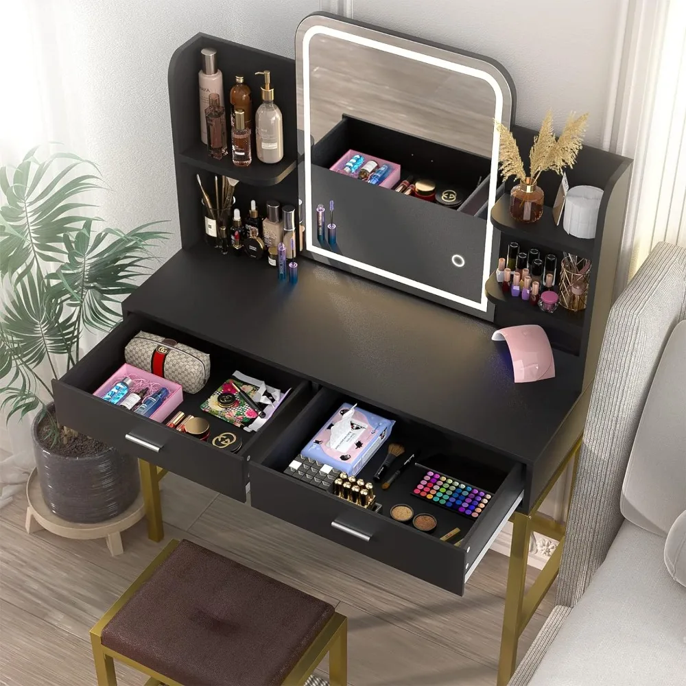 Description Picture 2 of itemVanity Desk with Mirror and Cushioned Stool, Dressing Table with 2 Storage Drawers and 3 Color Lighting Options, Vanity Table