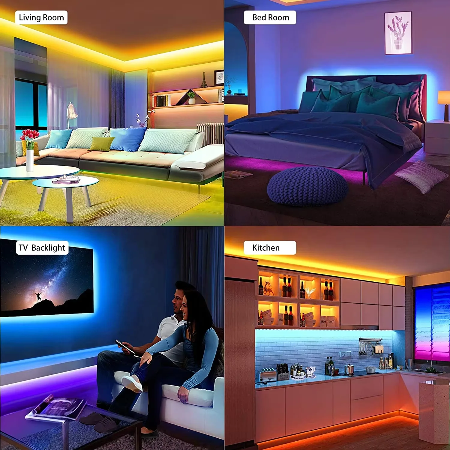 RGB LED 스트립 조명, 음악 동기화, 색상 변경 가능 TV 백라이트, 앱 컨트롤 리모컨 포함, PC룸, 침실, 홈데코, 파티, 축제용