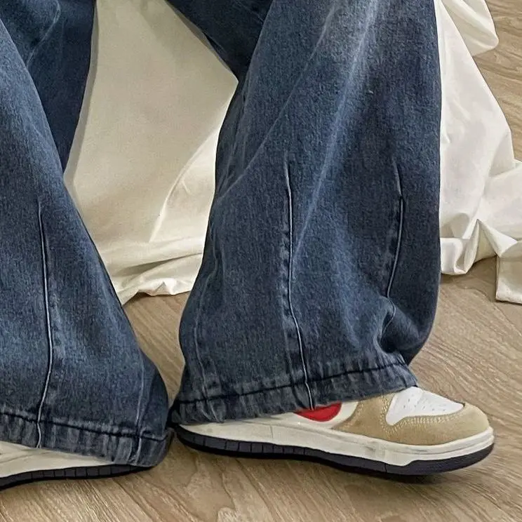여성용 한국 스타일 헐렁한 청바지, 와이드 레그 드로스트링 데님 바지, Y2K 스트리트웨어, 블루 청바지, 오버사이즈 스트리트