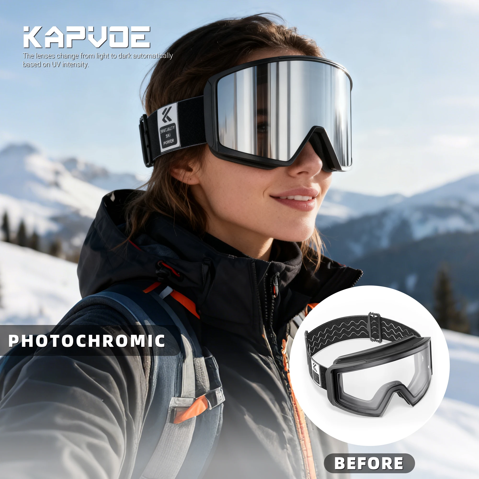 Kapvoe Men Ski Goggles Photochromic Snowboard Anti-Fog for Cycling Sunglasses Women UV400 Protection Snow Glasses Snowmobile