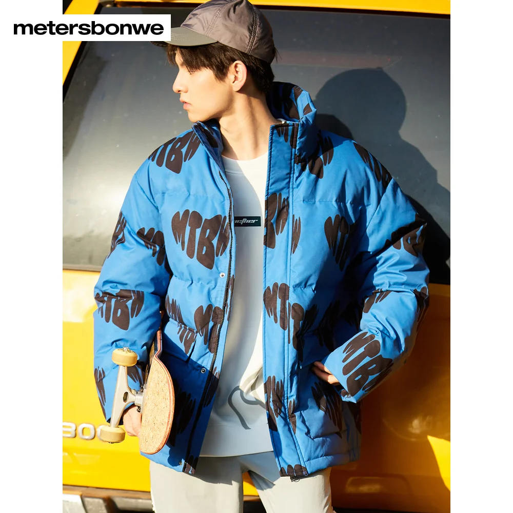 Metersbonwe Print Down Wear For Man Loose 80% Gray Duck Down Stand Collar Vibrant Color Warm Wear Couple  Winter Down Coat