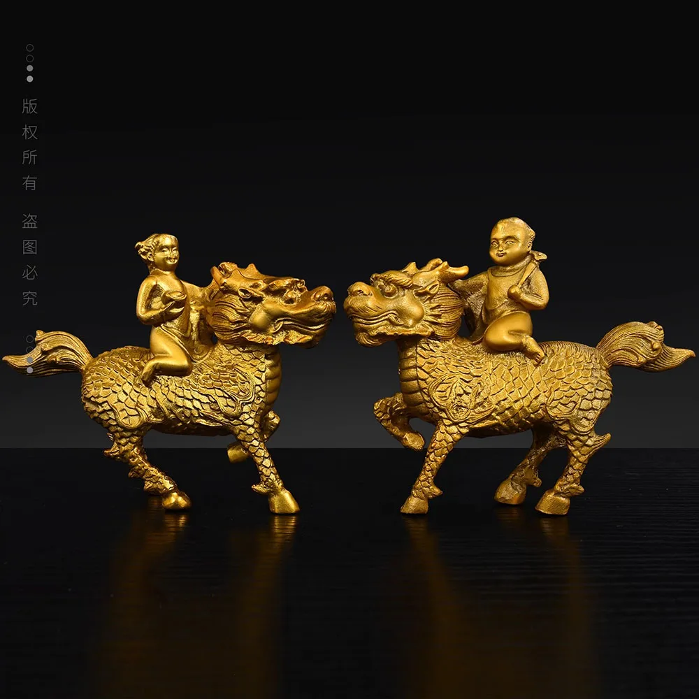 A Pair of Chinese Brass Kylin Qilin Statue, Boy & Girl Figurine with Gold Ingot & Ruyi Scepter, for Fertility Luck & Wealth