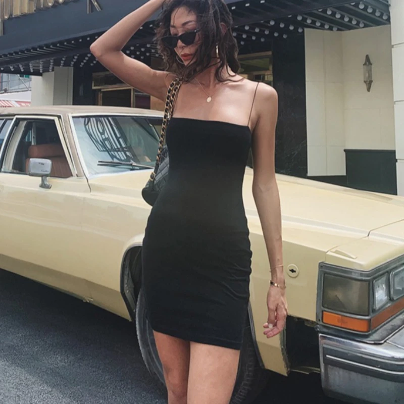 Spring and Summer New Women's Slim-fit Black Dress Y2k Fashion Slim-fit U-neck Sexy Suspender Sleeveless Solid Color Short Skirt