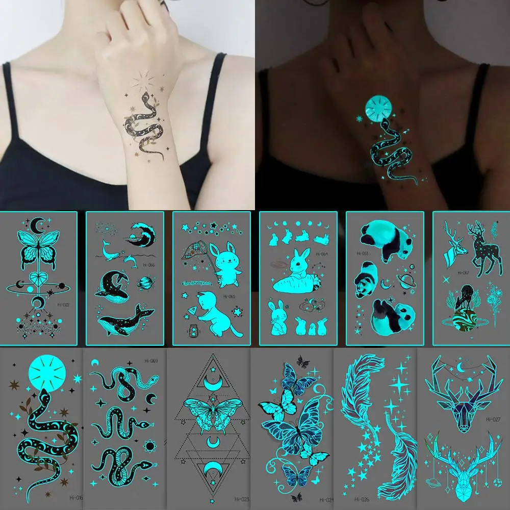 

Blue Luminous Temporary Tattoos Snake Panda Butterfly Glow Tattoo Stickers for Wrist Hand Fake Tatoo for Women Kid Body Art Face