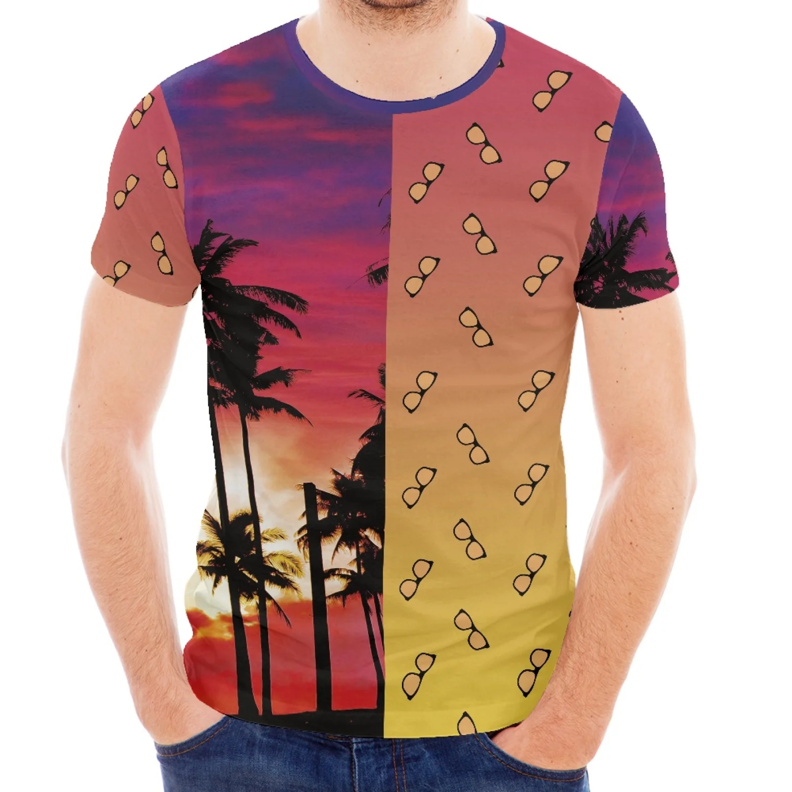 

Sunset Coconut Tree Hawaiian Ditch Style Design Print Fashion Polynesian Slim Crew-Neck Short Sleeve Summer Sports Shirt Luxury