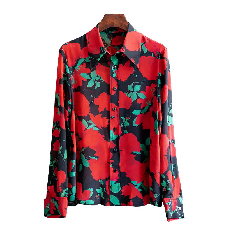 YCMYUNYAN-Silk Printing Blouses for Women, Long Sleeves, Floral Shirts, Korean Loose, Turn-Down Collar, New Casual Top, Summer