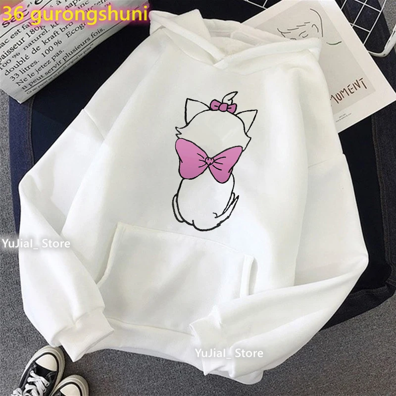 Lovely Mary Cat Cartoon Print Cap Hoodie Girls Harajuku Kawaii Clothes Funny Sweatshirt Women Fashion White/Gray/Pink Tracksuit