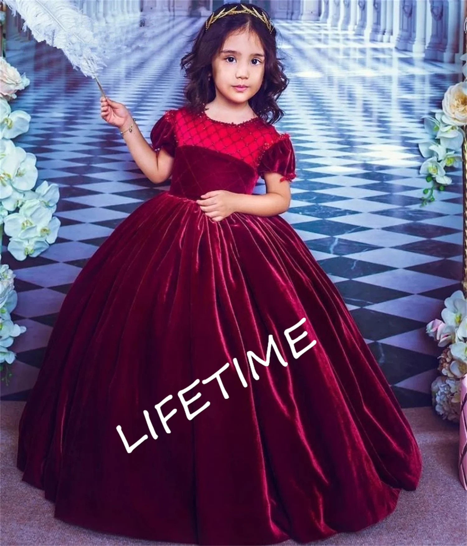 

Long Flower Girl Dress For Wedding Glitter Lace Tulle Full Sleeves Princess A-Line First Communion Dress