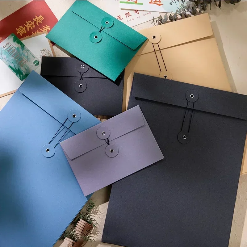 Kraft Paper Envelope with Button String Tie Vintage Solid Ticket Storage Bag Retro File Documents Bag Greeting Card Cover Office