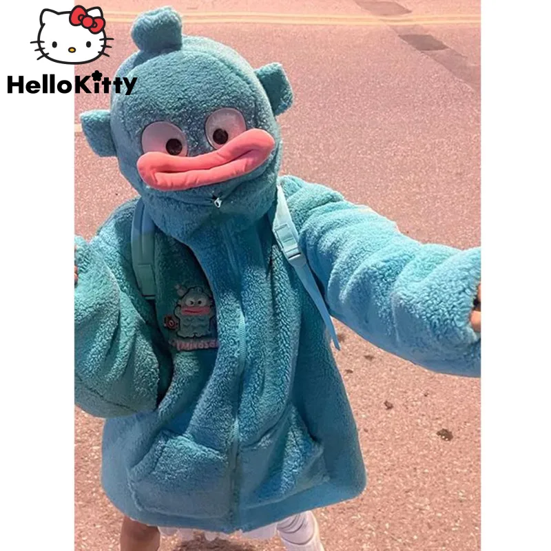 

Sanrio Hangyodon милые плюшевые топы на молнии с капюшоном мультфильм мягкая флисовая уличная одежда женская куртка осень зима кавайное пальто Y2k одежда