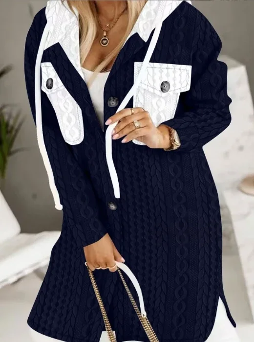 Jackets for Women Autumn and Winter Fashion New Wheat Texture Casual Long Sleeved Button Daily Loose Long Hooded Coat