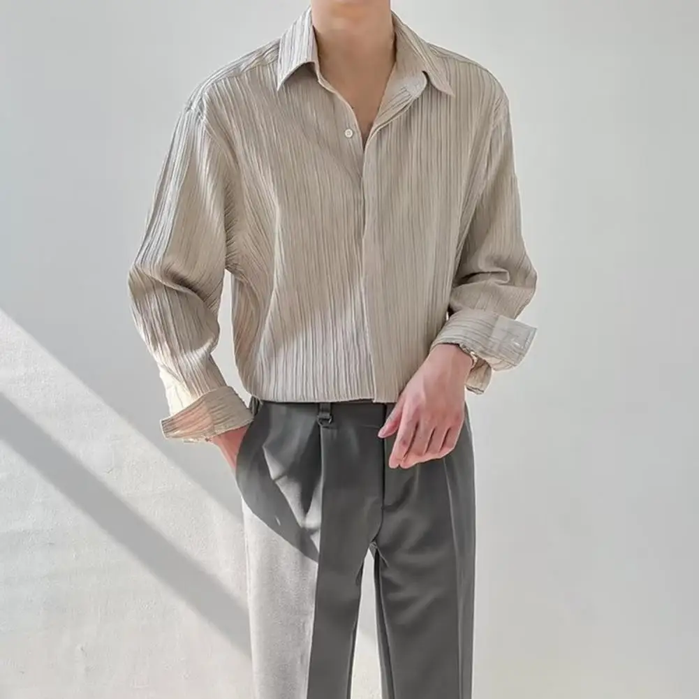 

Spring Men Top Stylish Men's Pleated Cardigan Shirt Turn-down Collar Long Sleeves Single-breasted Design for Business Office
