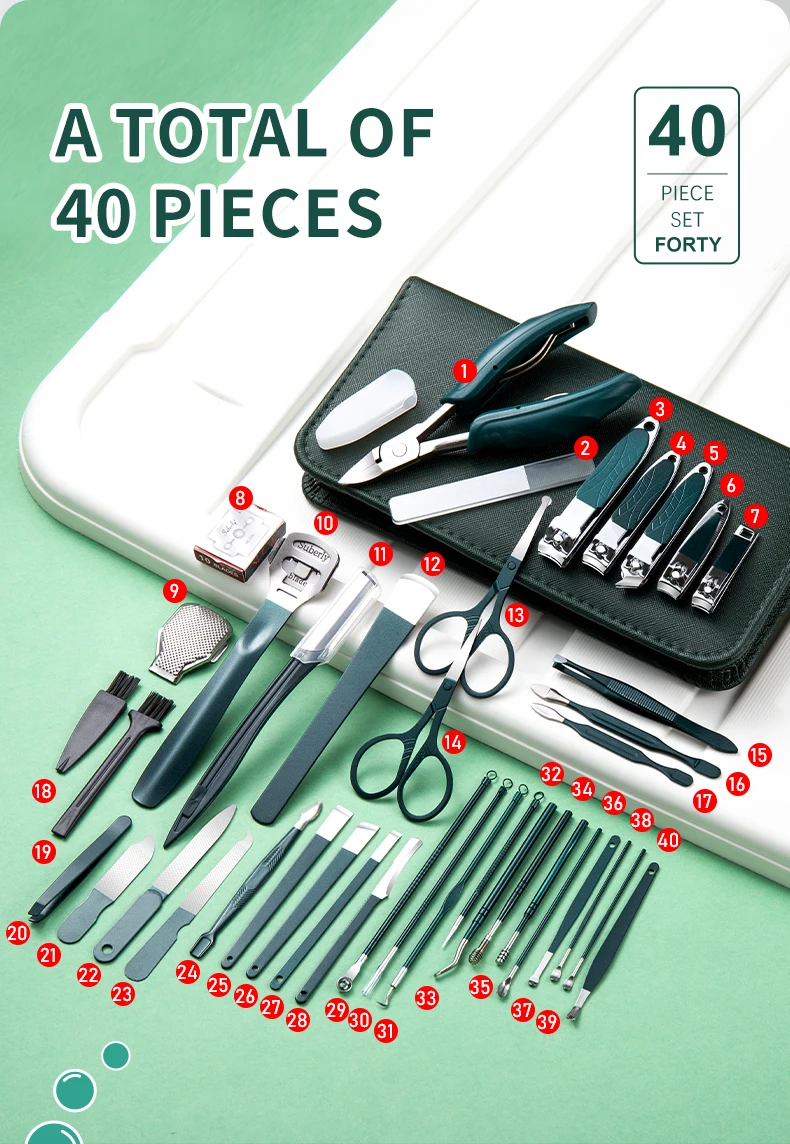 Description Picture 5 of item40Pcs Manicure Set Nail Clippers Kit Cuticle Scissors Stainless Steel Foot Care Tools with Leather Case Foot Rasps Callus Shaver