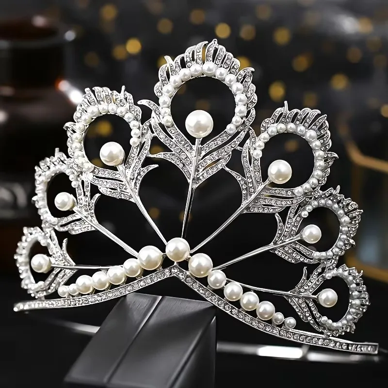Miss Universe Crown Round Pearl Peakcock Feather Tiara Rhinestone Pageant Prom Crowns Bridal Wedding Hair Accessories Jewelry jewelry accessories hair accessory hair headdress bridal headwear hair band crown