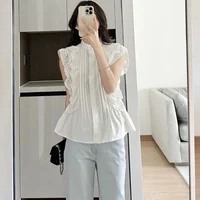 Fashion Flying Sleeve White Shirts Vintage Sleeveless Ruffled Lace Blouse for Woman Woman Elegant Casual Sweet Tops  27709 - Image 2