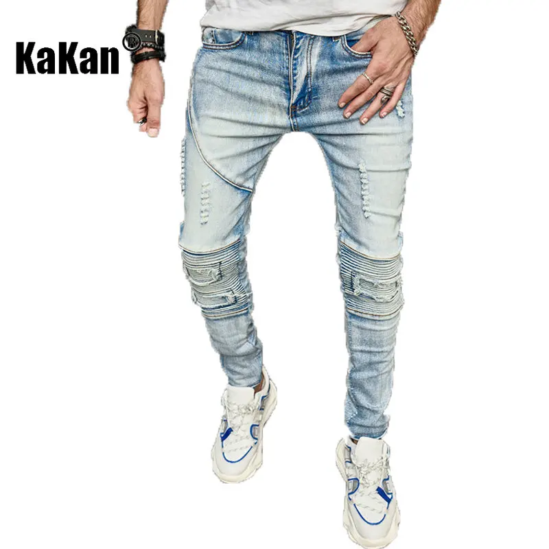 Kakan - New Washed Old Personalized Perforated Jeans for Men, High Street Small Foot Slim Fit Versatile Long Jeans K49-7006