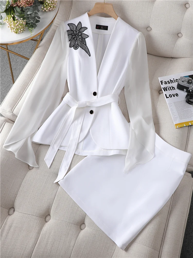 Women Elegant Blazer and Skirt Suit  2 Pieces Sets Shawl Collar Split Sleeve Office Lady Party Dinner Workwear New  Spring