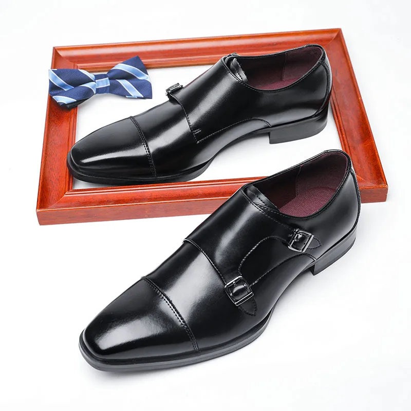 Mens Dress Shoes Genuine Leather Double Buckle Monk Strap Men Shoes Snake Print Cap Toe Classic Italian