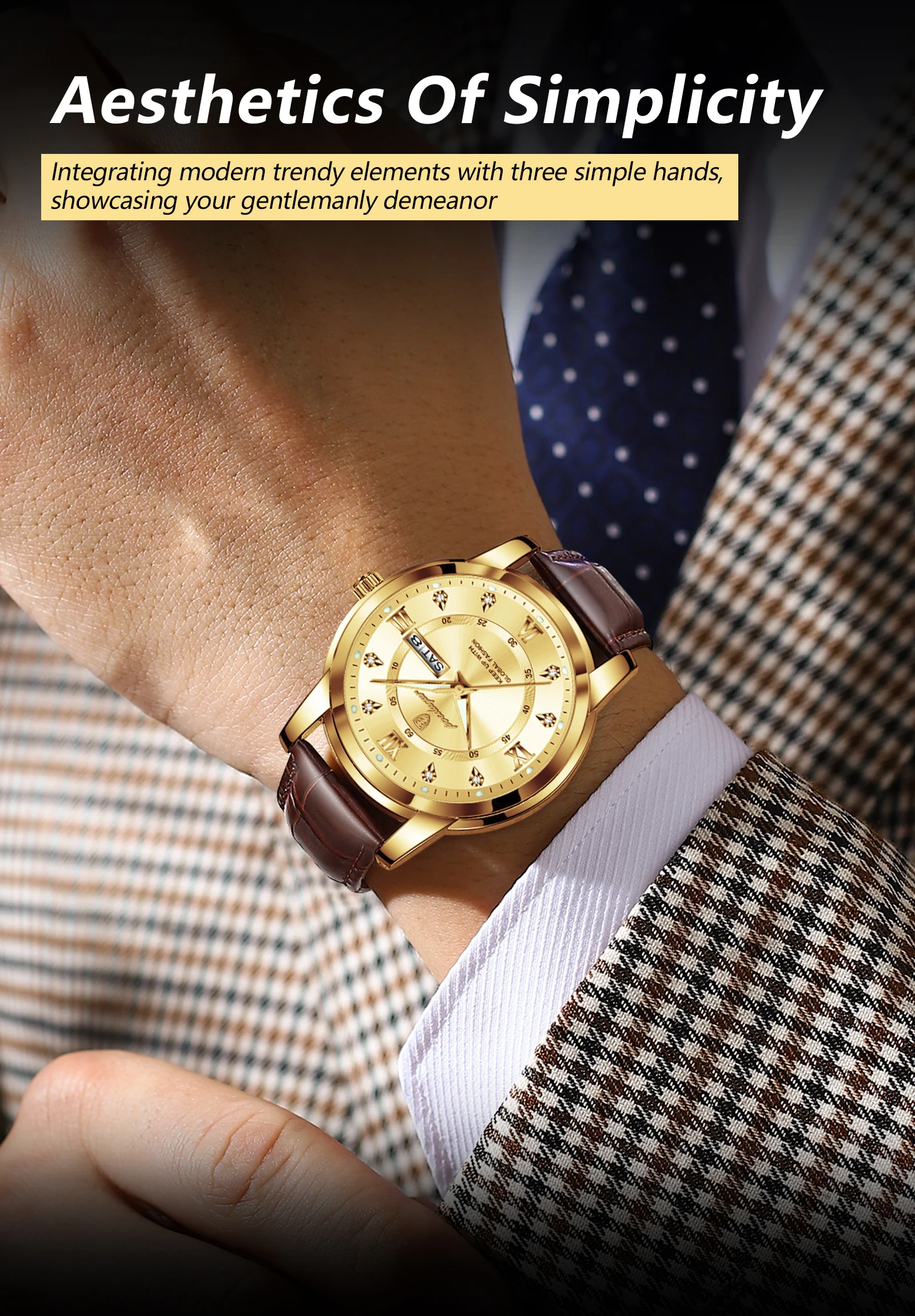 POEDAGAR Luxury Business Male Clock Date Week Waterproof Luminous Gold Men Wristwatch Casual Fashion Quartz Men's Watches Reloj