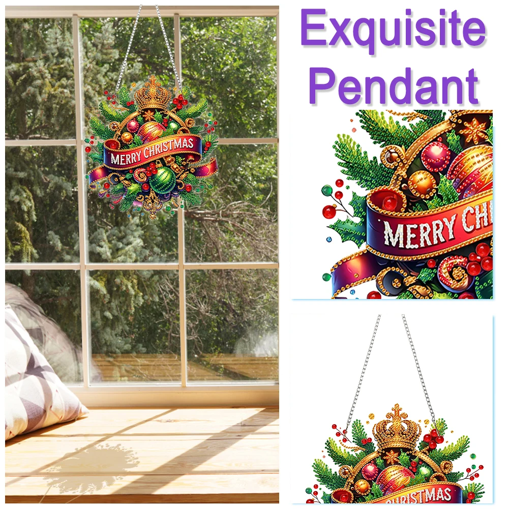 Christmas Theme 2D Flat DIY Hanging Diamond Art Kits Special Shape Rhinestone Diamond Art Window Pendants Wall Door Decoration