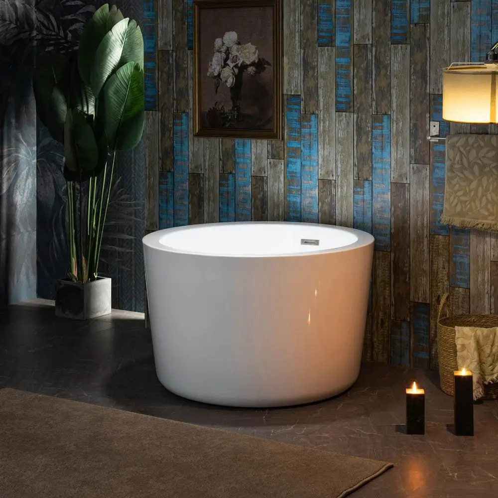 Contemporary Freestanding Acrylic Bathtub Soaking Tub White Brushed Nickel Drain/Overflow 2