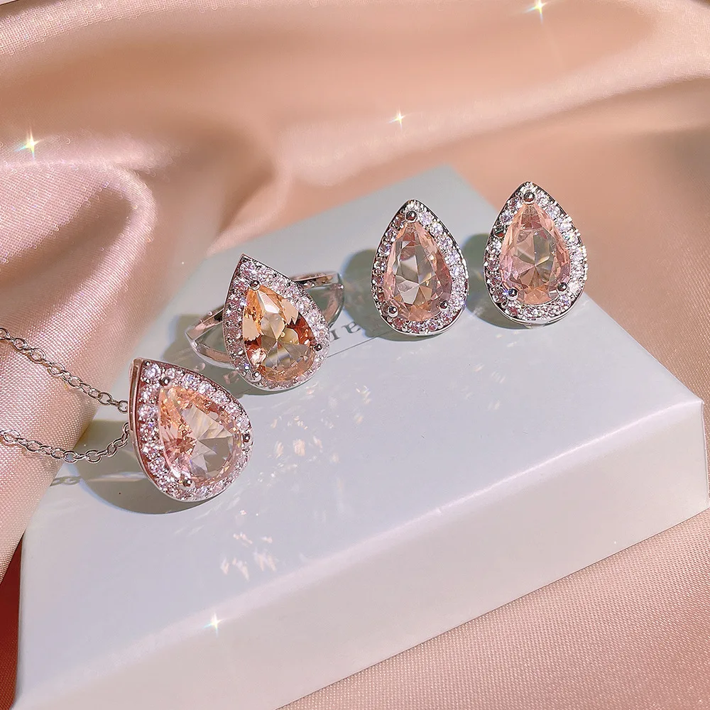 Jewelry Set Silver Jewelry Set Exquisite Jewelry Three-piece Set for Women Fashion Zircon Drop Shape Earrings Necklace Ring Wedding Bridal Jewelry Set