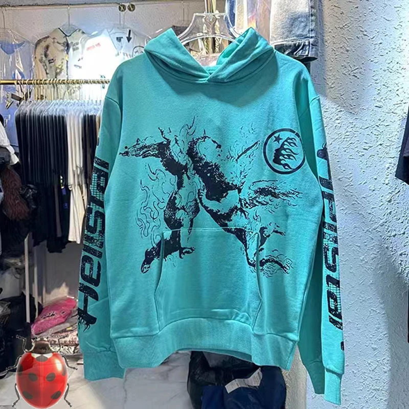 

Men Women Green Hellstar Hoodie 1:1 Best Quality Angel Print Sweatshirts Streetwear Oversize Vintage Casual Terry Pullover Hoody