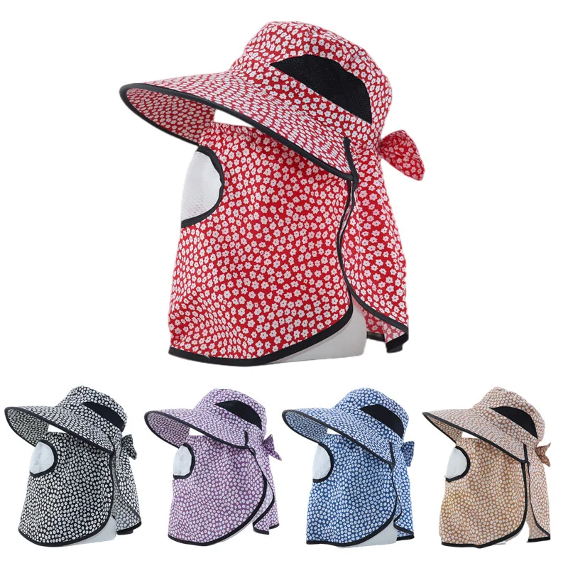 

Summer Women Outdoor Print Fisherman Hat UV Protection Wide Brim Garden Work Shade Hat Breathable Face Mask Detachable Sunhat