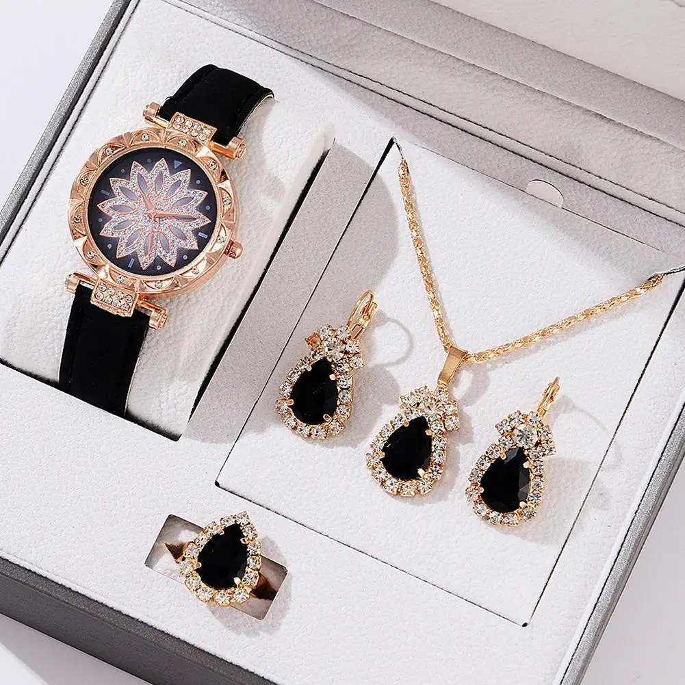 

4pcs/Set Rose Gold Luxury Rhinestone Watch For Women Ring Necklace Earring Wristwatch Jewelry Set Casual Bracelet Watches Reloj