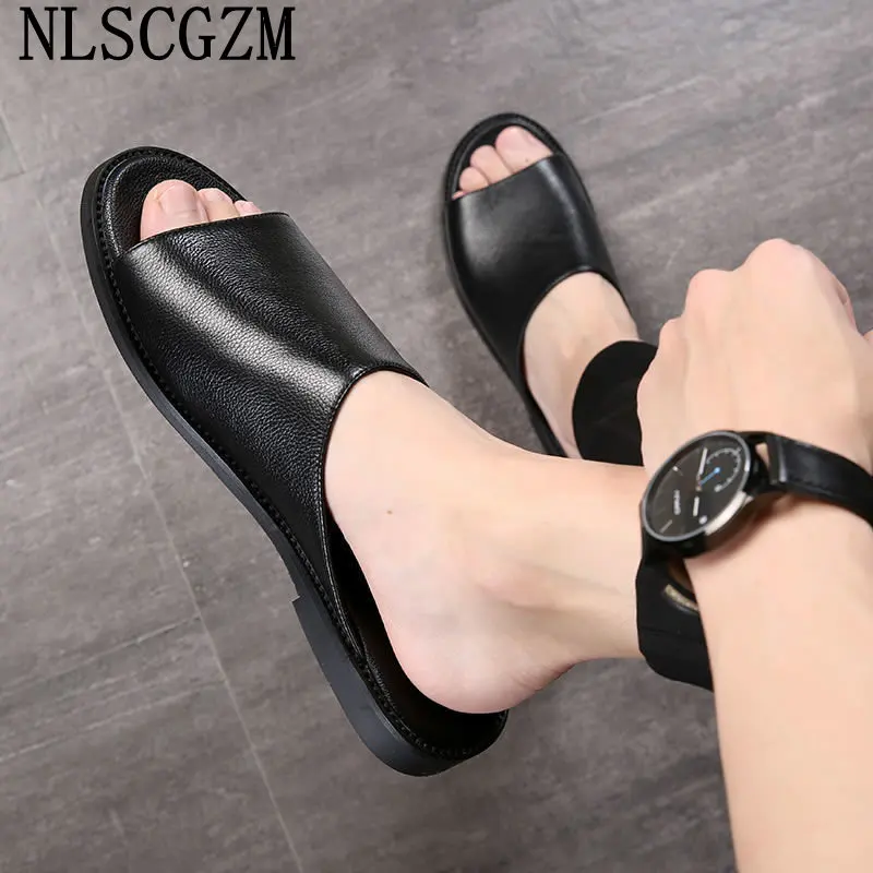 Summer Beach Slippers Men Shoes Leather Slippers for Men Fashion Designer Slides