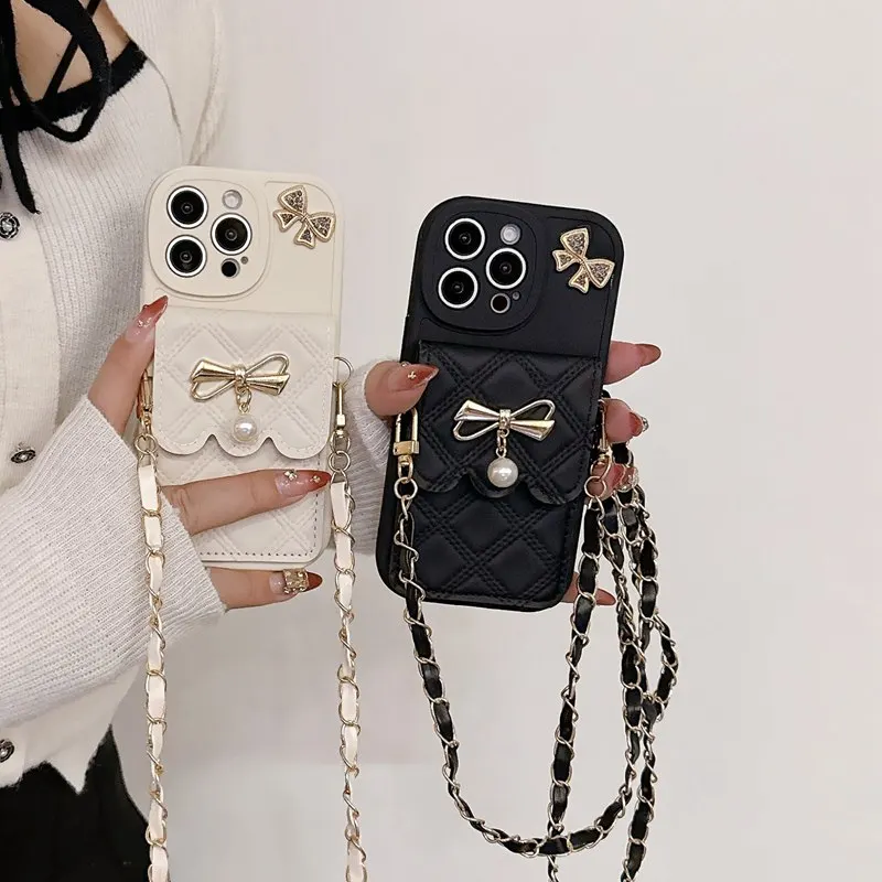 Pearl Bow Chain Wallet Phone Case with Elegant Design