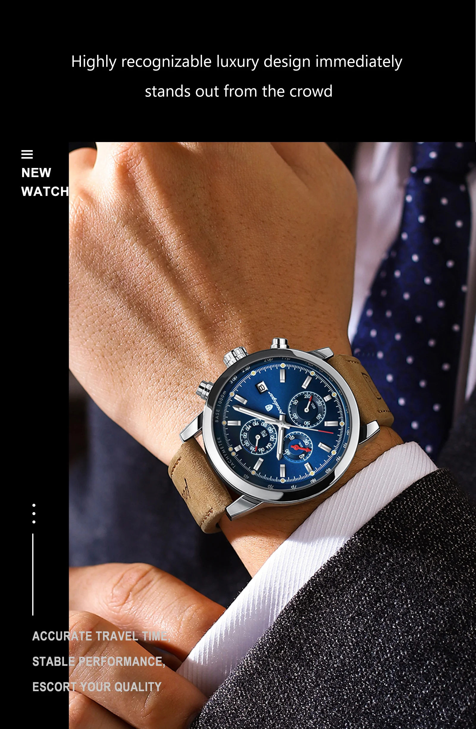 POEDAGAR Funktionale Herren-Armbanduhr mit Datum, wasserdicht, leuchtend, Chronograph, Leder, Quarz, Militäruhr + Geschenkbox_voghion.com