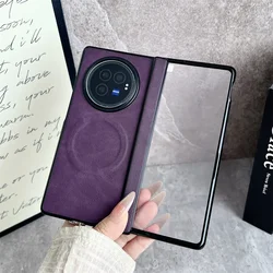 Luxury Leather Pattern MagSafe Phone Case with Screen Protector and Magnetic Wireless Charging Cover for Vivo X Fold3 Pro (PURPLE)
