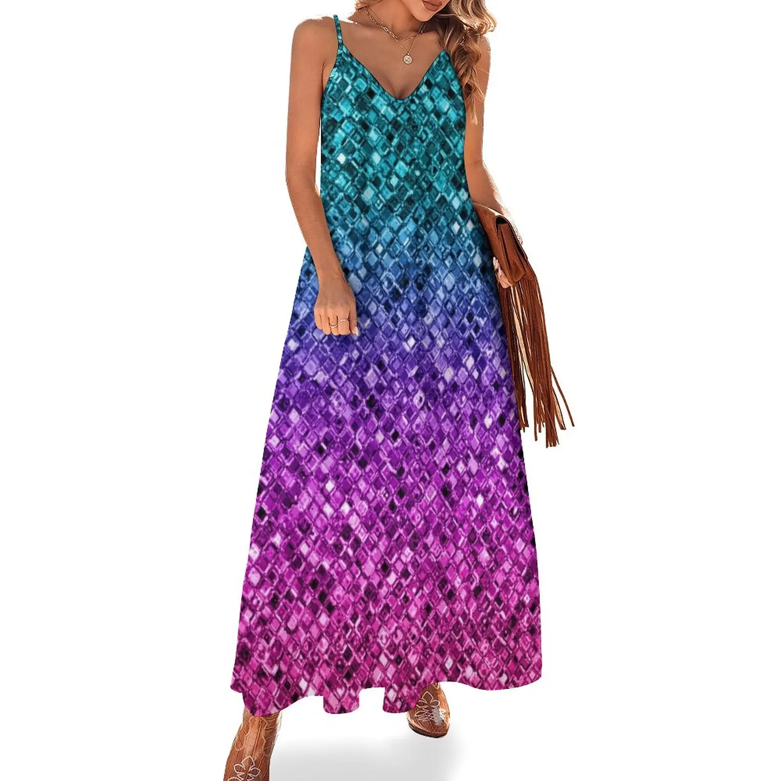 

New Teal Purple Pink Gradient Faux Sparkly Sequins Sleeveless Dress dress women's summer dresses 2023