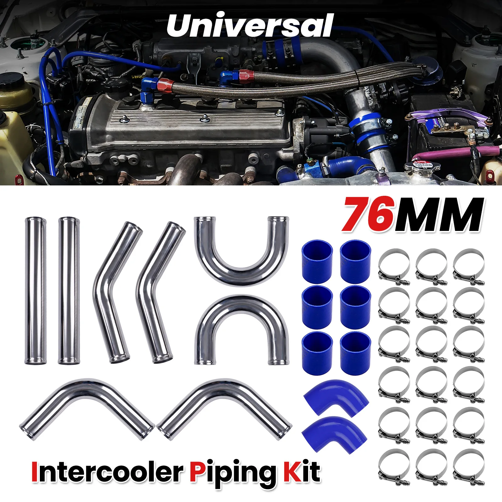 Aluminum Universal Intercooler Pipe Kit 3" 76mm Blue Hose Silicone & T-Clamp