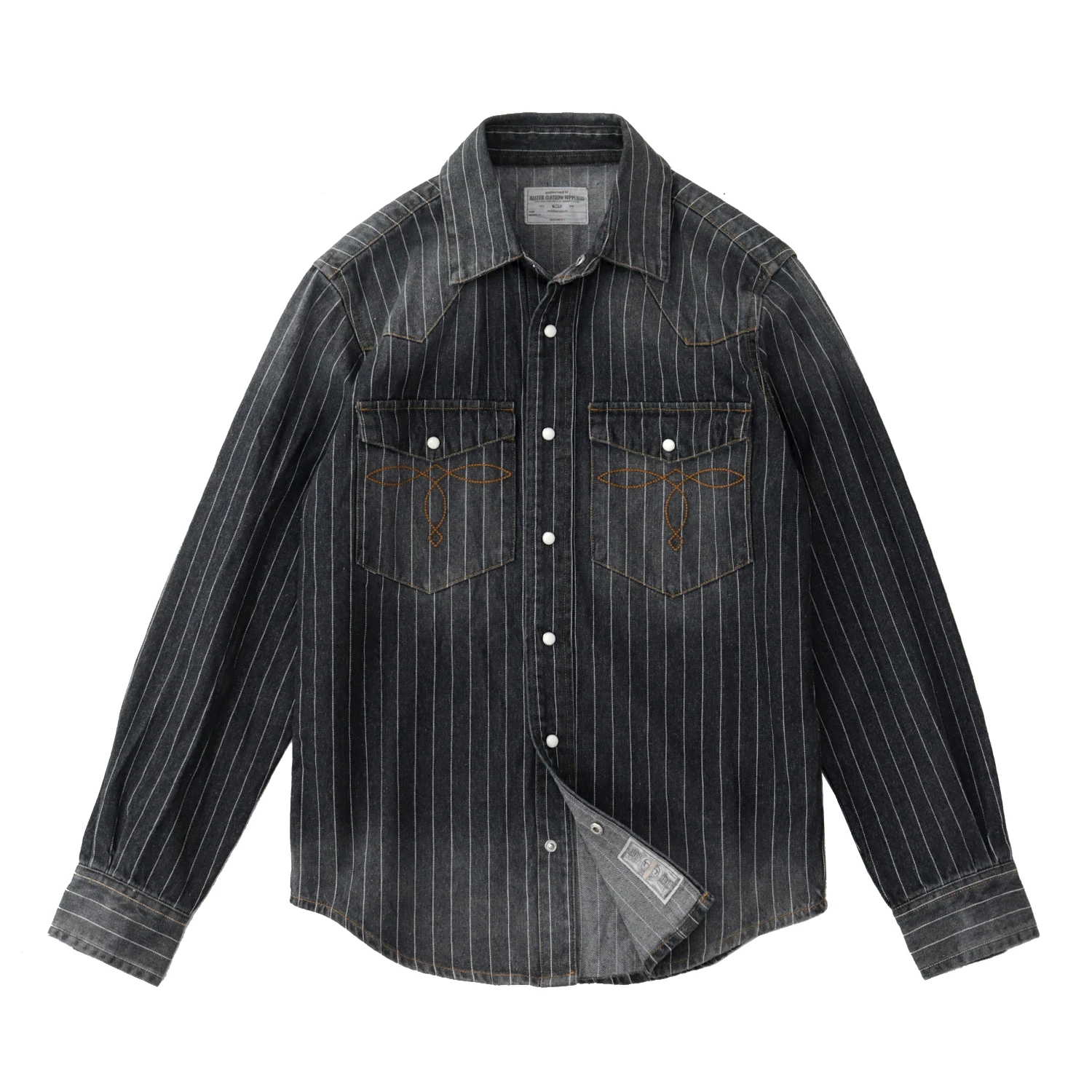 Vintage denim shirt men washed striped casual Khaki spring autumn long sleeve