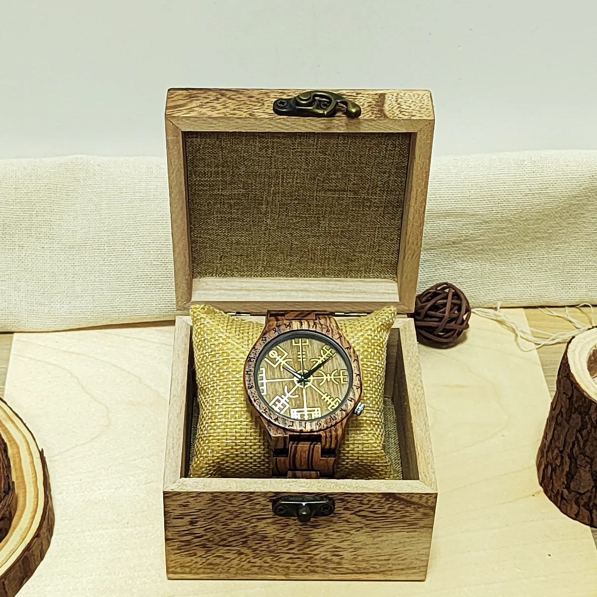 Wooden Wrist Watches Man Viking Symbol Element Clock Personalized Anniversary Gift for Husband Men's Wood Quartz Wristwatches 6