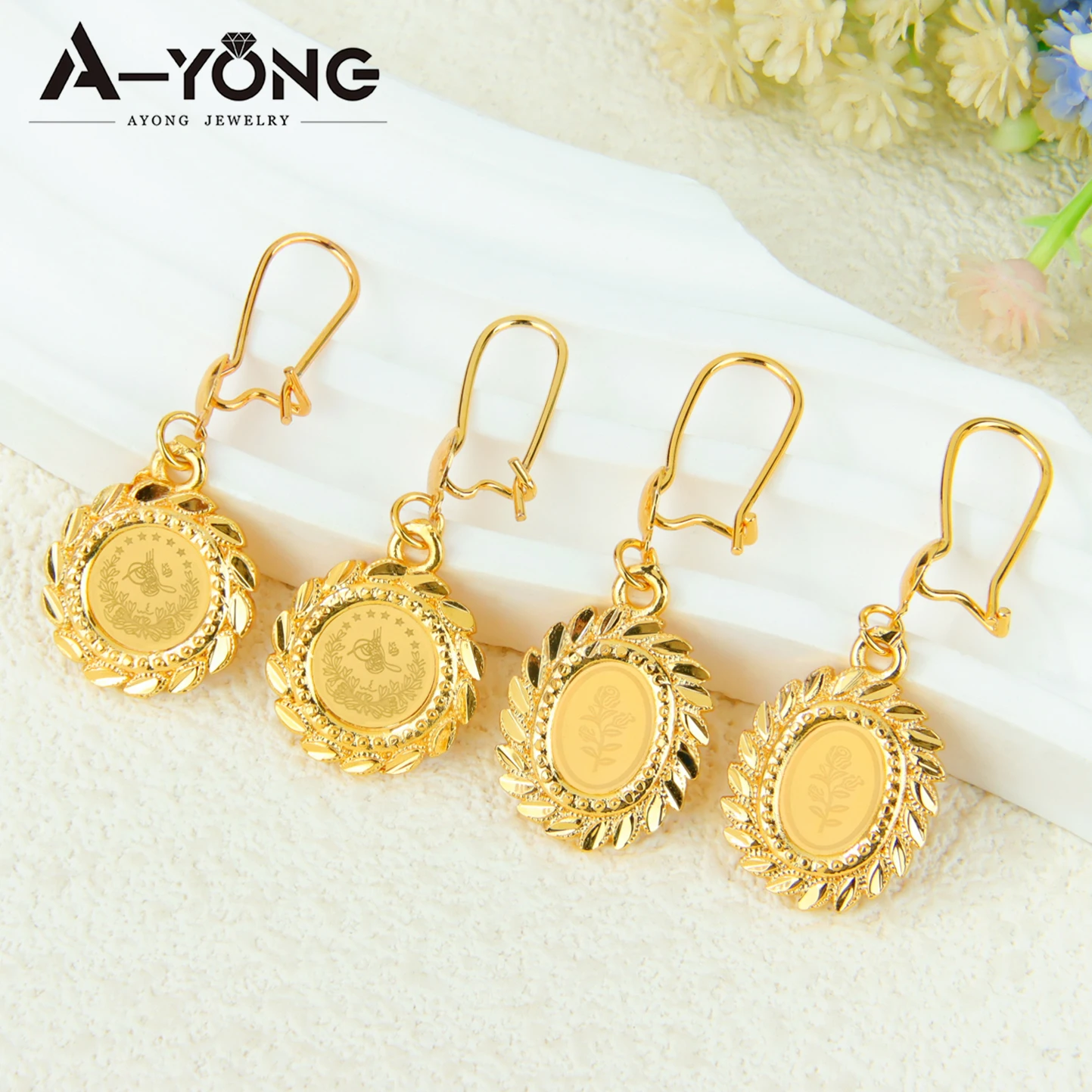 トルココインブラブライヤリング 21 18k ゴールドメッキドバイファッション銅ドロップイヤリングアラビアイスラム女性ブライダルジュエリーギフト -  AliExpress