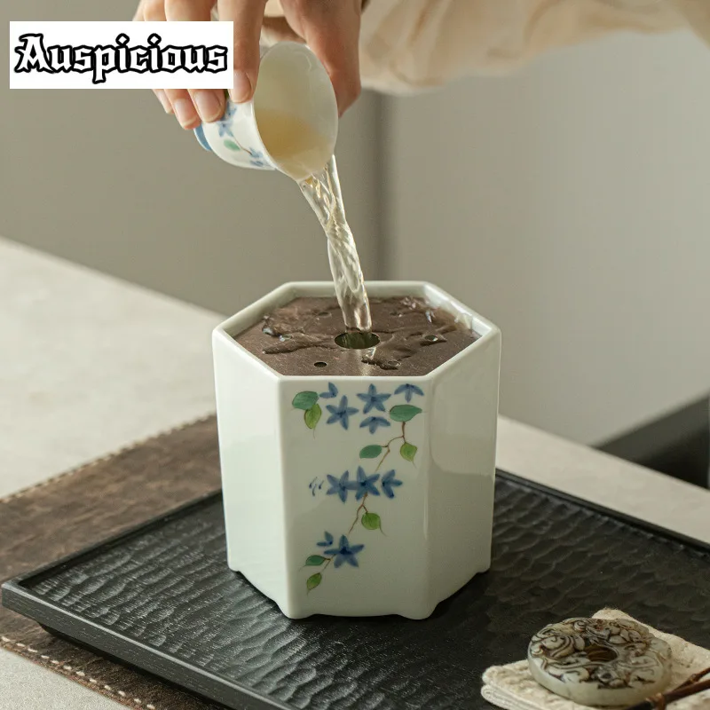 550ml Underglaze Color Hexagonal Tea Washing Hand-painted Small Blue Bud Chaxi Ceramic Jianshui Tea Wash Cha Ornaments Gifts